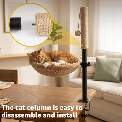 Cat Desk Bed with Scratching Post - Adjustable Height & 360° Rotation, Reversible Machine Washable Cover, Space-Saving Clamp-On Design for Office Desks, Sturdy Support for Indoor Cats