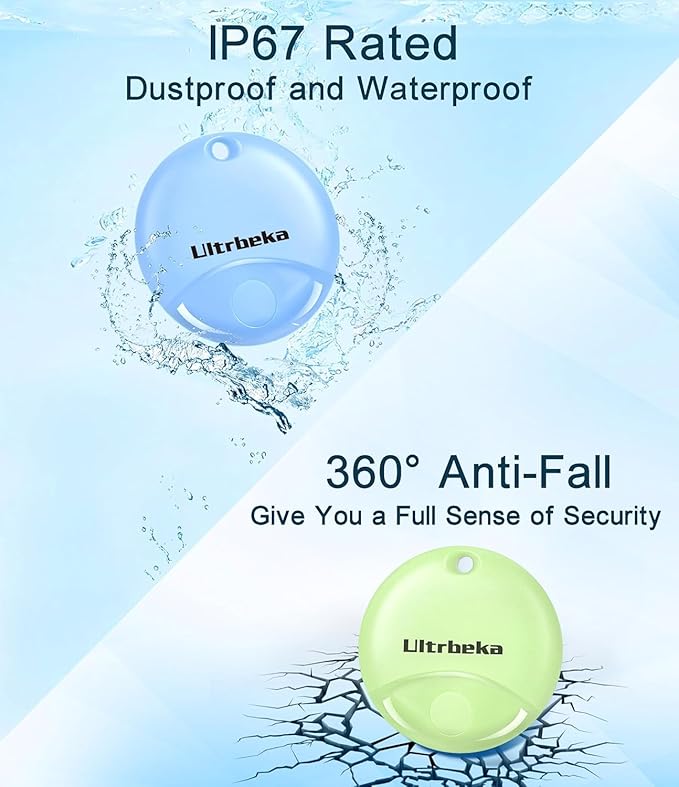 Ultrbeka Tracker 4 Pack Bluetooth Item Finder for iPhone – MFi Certified Smart Tracker Compatible with Apple Find My, Replaceable Battery, IP67 Waterproof Key Finder for Keys, Wallet, Luggage