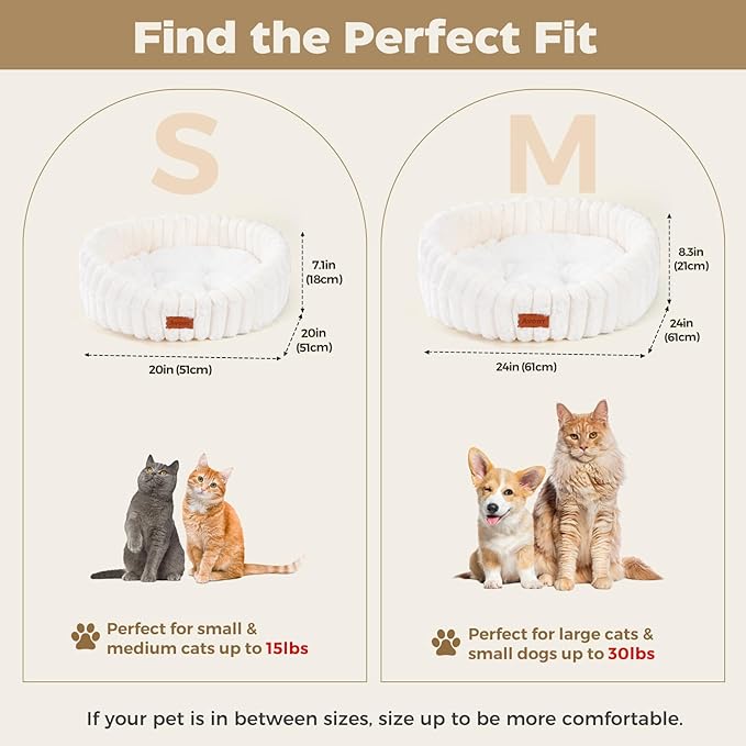 Avont Fluffy Cat Bed for Indoor Cats, Cozy Plush Sleeping Nest for All Sleep Styles, Washable Removable Cushion & Anti-Slip Base, Calming Round Bed for Kittens & Small Dogs – Cream(S)