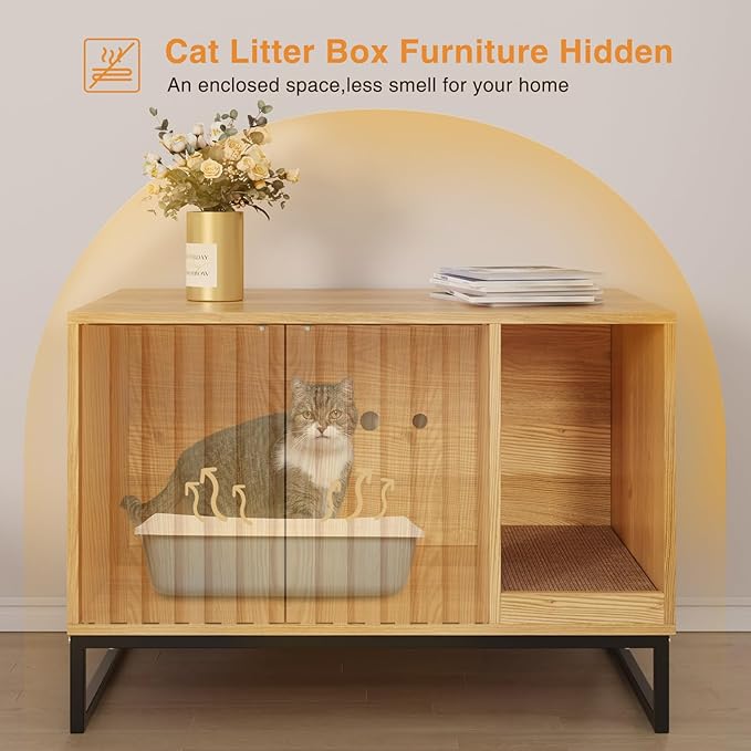 Halitaa Litter Box Enclosure, Modern Cat Litter Box Enclosure Furniture Hidden Litter Box with Scratch Pad, Cat Washroom House End Table, Entryway Bench for Livingroom (Natural)