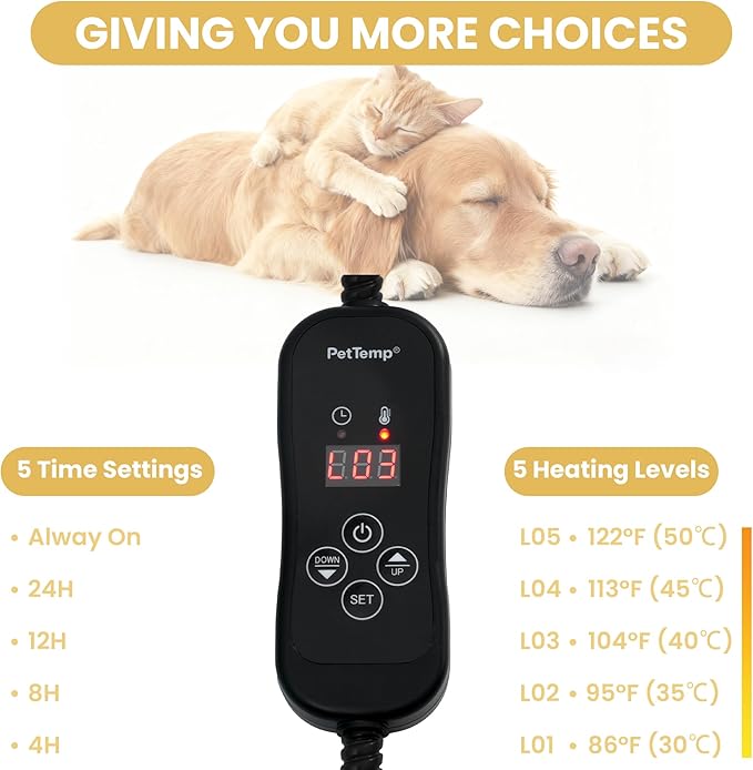 Upgraded Pet Heating Pad, 5 Adjustable Temperature & Timer, Chew-Resistant Electric Heated Dog Cat Bed, Auto Power-Off, Waterproof, 31.5" x 23.4"