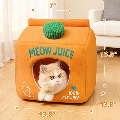 Juice Box Cat Cave Bed - Covered Cat Beds for Indoor Cats with Removable & Washable Cushion, Enclosed Kitten Puppy Hut, Cute Kitty Hideaway for Small Cats Dogs and Pet Breeds