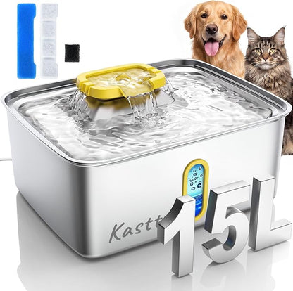 Kastty 15L/4 Gal Stainless Steel Dog Water Fountain, Large Capacity Dog Water Bowl Dispenser with Visual Window & LED Light 5-Stage Filtration,Ultra Quiet Pet Water Fountain Easy Clean(FS78,Yellow)