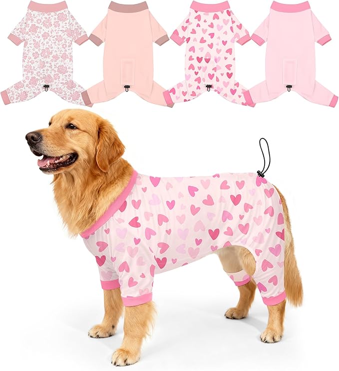 Bienbee Dog Pajamas, 4 Pack Dog Recovery Suit Shedding Suit Cute Soft Puppy Clothes Dogs Pjs Onesies Jammies Adjustable Breathable & Stretchy Clothes for Small Medium Large Dogs Girl Boy Puppy-2XL