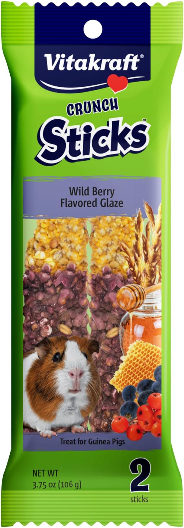 Vitakraft Crunch Sticks Guinea Pig Treats – 2 Sticks Per Pack - Wild Berry Glaze Flavor Triple Baked with Natural Wood Chew Center - Added Vitamins, Minerals with Cage Clip Holder