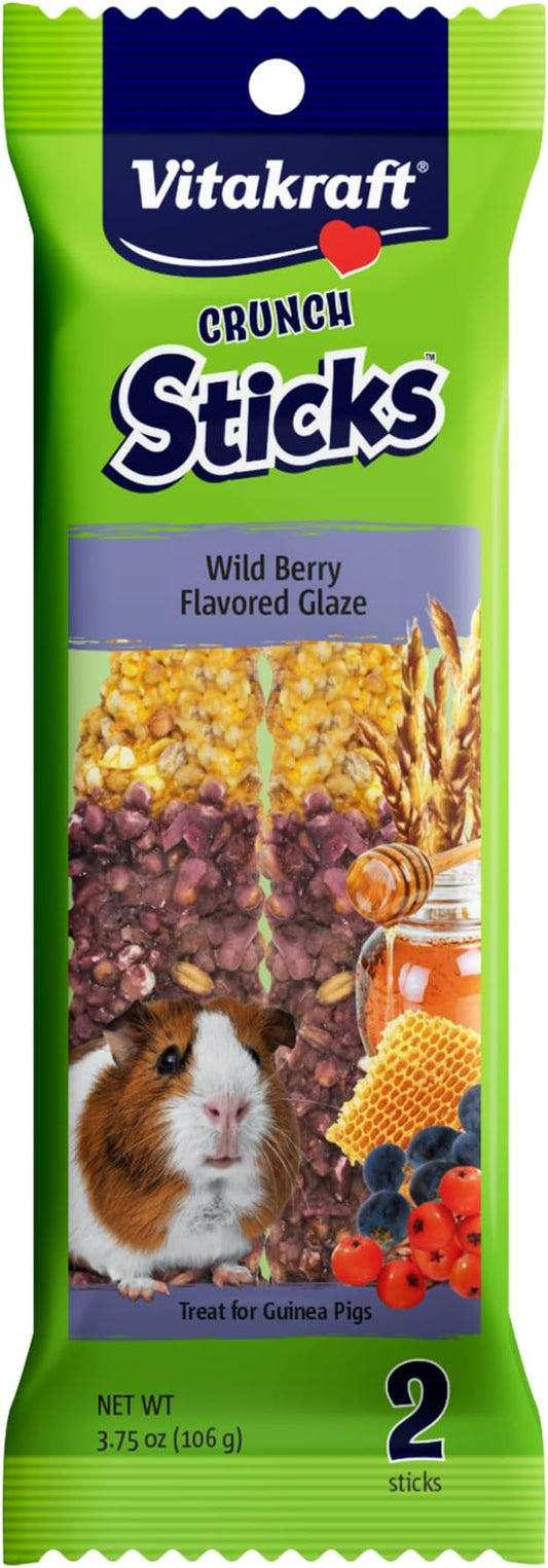 Vitakraft Crunch Sticks Guinea Pig Treats – 2 Sticks Per Pack - Wild Berry Glaze Flavor Triple Baked with Natural Wood Chew Center - Added Vitamins, Minerals with Cage Clip Holder