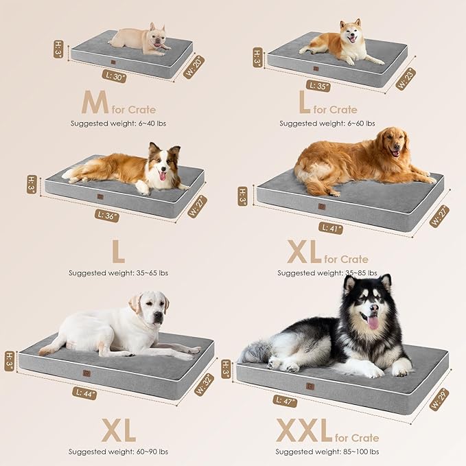 EHEYCIGA Orthopedic Dog Bed Waterproof 41"x27", Memory Foam Pet Bed for XLarged Dogs, Washable Pet Mat with Removable Cover, Grey