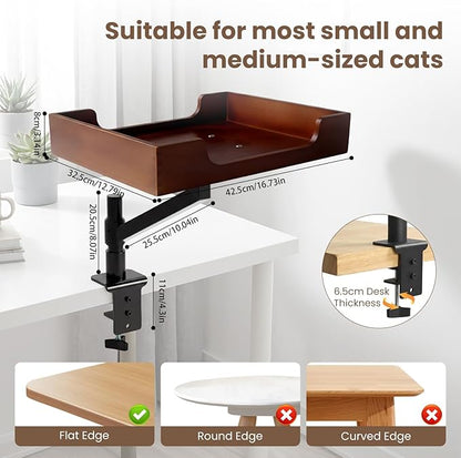 Cat Desk Bed - Classy Bamboo Base Come with Plush Bedding Stable and Sturdy Clamp Can Adjust Height 360° Rotation Have Your Precious Cat Watching While You Study or Work Up to 33 lb Load