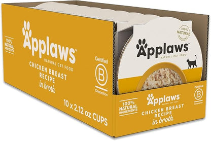 Applaws Natural Wet Cat Food in Broth, Limited and Natural Ingredients, High Protein with No Artificial Additives, Chicken Breast in Broth (10 x 2.12 oz Easy-Open Cups)