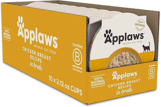 Applaws Natural Wet Cat Food in Broth, Limited and Natural Ingredients, High Protein with No Artificial Additives, Chicken Breast in Broth (10 x 2.12 oz Easy-Open Cups)