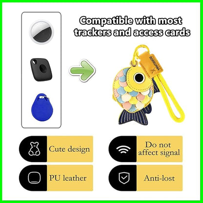 Leather Keychain Holder Case Compatible with AirTag,Cute Protective Cover with Keyring and Lanyard,Anti-Scratch Finder GPS Tracker Case for Wallet Keys,Bag,Pets,Backpack(Yellow Fish)
