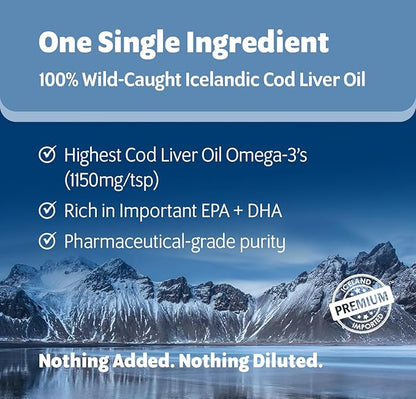 Wild-Caught Pure Icelandic Cod Liver Oil for Dogs & Cats 8oz, Single-Ingredient, 1150 mg Omega-3, High EPA/DHA, Natural Vits A&D, Supports Healthy Skin, Coat & Mobility, 8oz bottle