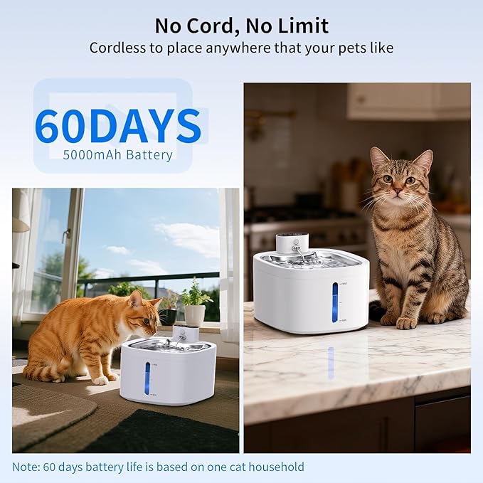 Cat Water Fountain Wireless: 118oz/3.5L Battery Operated Pet Water Fountain for Cats Indoor with Motion Sensor, Quiet Automatic Fountain with Stainless Steel Tray(2Filters)