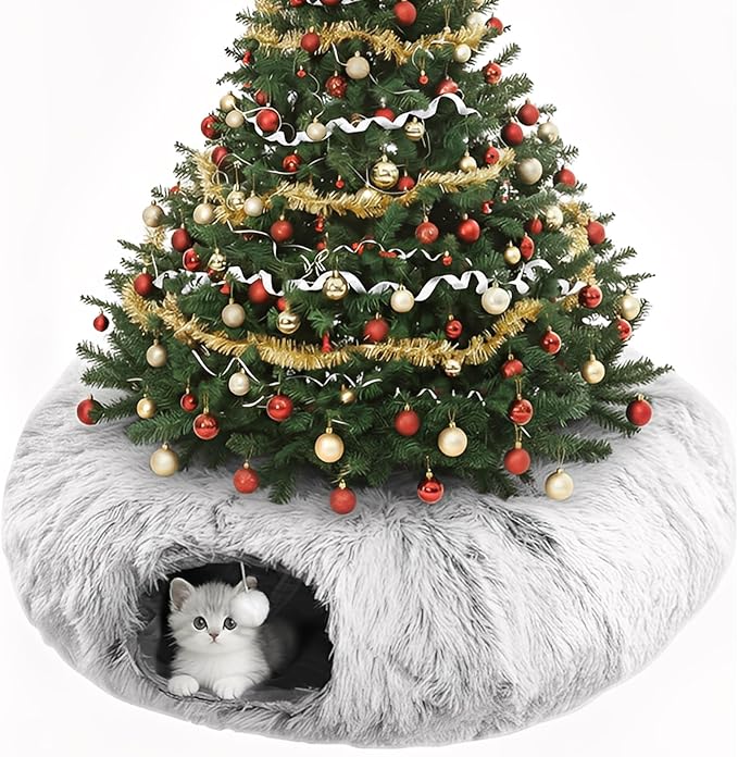 Cat Tunnel Christmas Tree Skirt, Cat Tunnel Bed for Indoor Cats with Hanging Ball, Soft Plush Cats Donut Cave with Washable Mat for Kittens, Rabbits, Puppies and Small Animals Christmas Decors, Grey