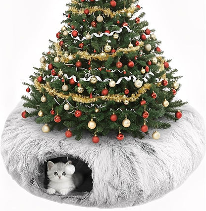 Cat Tunnel Christmas Tree Skirt, Cat Tunnel Bed for Indoor Cats with Hanging Ball, Soft Plush Cats Donut Cave with Washable Mat for Kittens, Rabbits, Puppies and Small Animals Christmas Decors, Grey