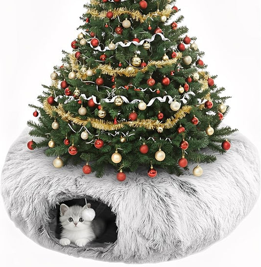 Cat Tunnel Christmas Tree Skirt, Cat Tunnel Bed for Indoor Cats with Hanging Ball, Soft Plush Cats Donut Cave with Washable Mat for Kittens, Rabbits, Puppies and Small Animals Christmas Decors, Grey