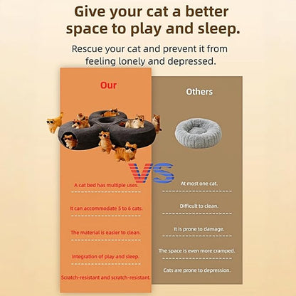 Large Donut Cat Tunnel Bed for Multiple Indoor Cats, 30-45 Lbs Capacity, Detachable Washable Scratch Resistant Cat Cave, Non-Toxic Pet Safe Cat Bed, Charcoal Gray
