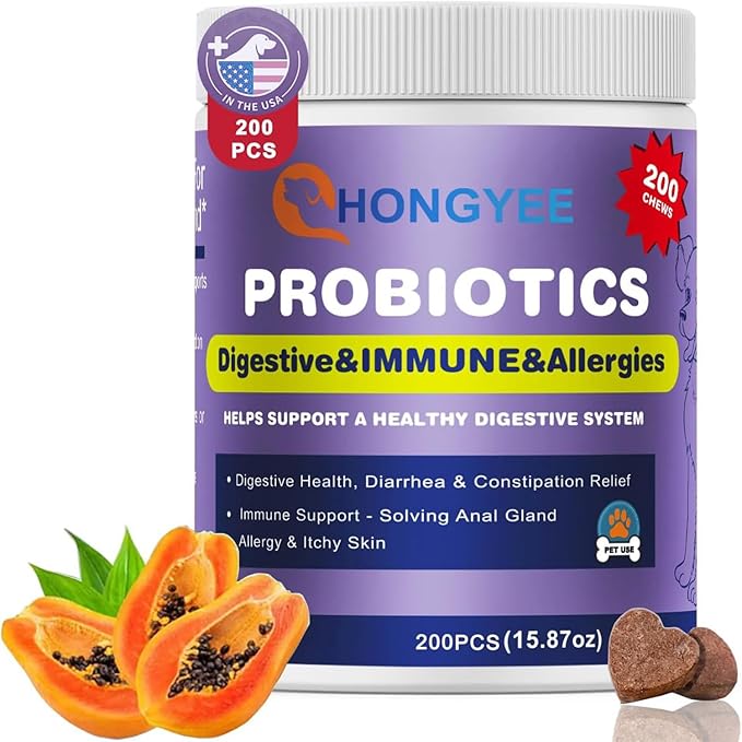 Probiotics for Dog 200 chews,Enzymes and Gut Support,Anti-Diarrhea,Promotes Digestive Health,Seasonal Allergies,Immune System,Probiotics with Papaya, Pumpkin, and Krill Oil- Vet Approved