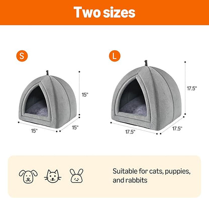 Amazon Basics Cat Cave Bed, 2-in-1 Foldable House for Indoor Cats, with Washable Cushion and Non-Slip Base, 15 x 15 Inches, Small, LightGray