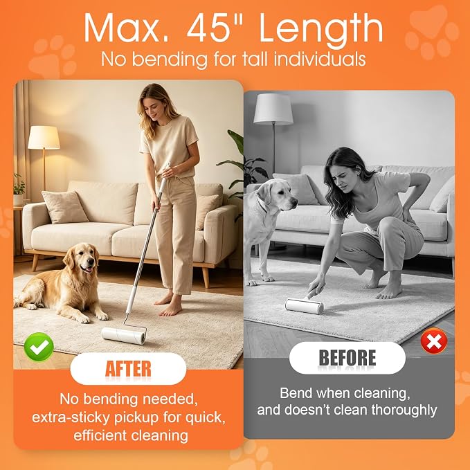 WulaWindy Long Handle Lint Roller for Pet Hair, 450 Sheets, 5 Rolls | Wide lint roller with extendable handle, 450 easy-tear sheets and storage base for pet hair on floors, sofas and carpets.