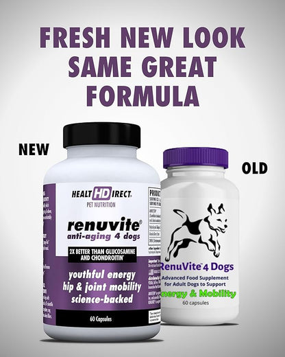 HEALTH DIRECT – RenuVite 4 Dogs | Hip & Joint Supplement for Senior Dogs | Supports Mobility & Energy | Anivestin, Collagen, Aronia Berry, DHEA | 20-120 Servings, 60 Capsules