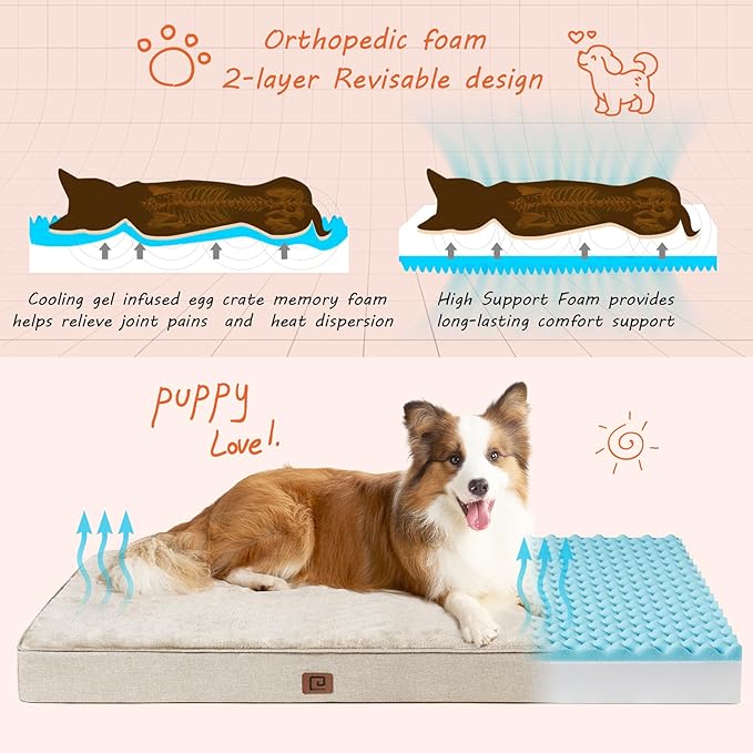 EHEYCIGA Waterproof Dog Bed Memory Foam 36x27, Orthopedic Dog Beds Mat for Large Dogs with Removable Cover, Beige