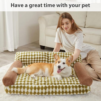 BFPETHOME Dog Couch Bed & Cat Couch Bed, Pet Couch Bed for Medium Pet, Cute Dog Sofa Bed, Cat Sofa & Pet Sofa with Non-Slip Bottom, Checkered Dog Bed with Washable Cover (Green&White)