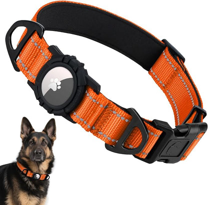 Taglory AirTag Dog Collar with Waterproof Holder for Large Dogs, Orange, XL | Reflective for Night Walks & Low-Light Safety, Track Your Pup Peace of Mind, Adjustable Soft Padded, No More Dangling Tags