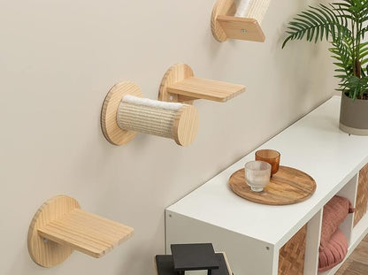 Trixie Cat Wall Furniture Set 6-7pc Cat Climbing Wall Set - Sisal Rope Scratching Posts, Elevated Bed, Corner Shelf, Steps - Natural/White