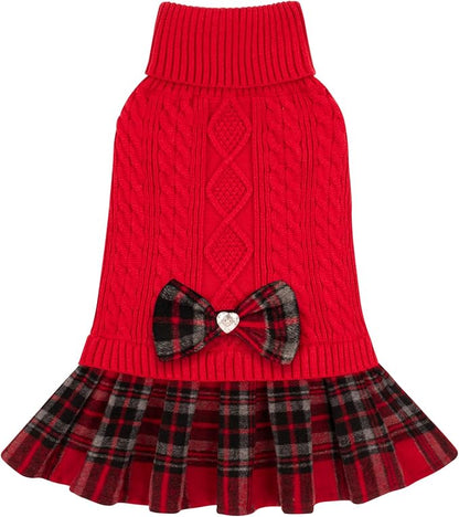 KYEESE Dog Sweater Stretchy Cat Sweaters Thick Dogs Clothes with Bowtie Soft Turtleneck Pet Sweater Dress Comfy Knitwear Dog Sweaters for Small Dogs Girl Warm Pullover Pet Coats, Red, Small