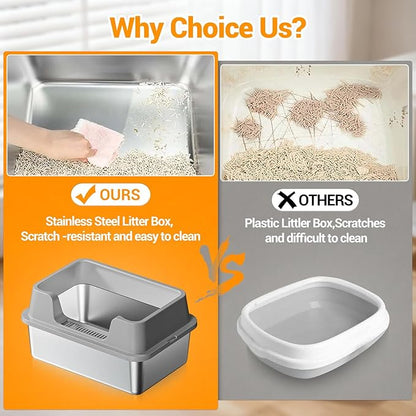 Enclosed Stainless Steel Cat Litter Box with Lid Extra Large Litter Box for Big Cats XL Metal Litter Pan Tray with High Wall Sides Enclosure, Non-Sticky, Anti-Leakage, Easy Cleaning