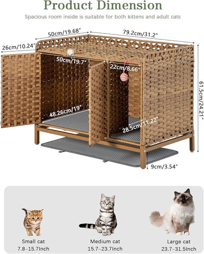 SETVSON Cat Litter Box Enclosure Furniture with Divider, Handwoven Rattan Litter Box with Mat, 31.2 x 19.6 x 24.2 Inches, Metal Heightened Feet, Hidden Cat House for Living Room, Bedroom (Natural)