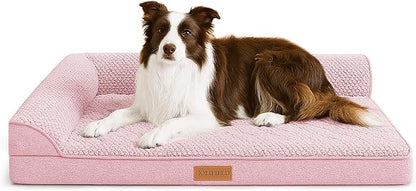 Orthopedic XL Dog Bed Large Sized Dog 42''X28'', Waterproof L Bolster Egg Crate Foam Big Pet Crate Beds with Washable Removable Cover, Non-Slip Soft Pet Couch Sleep Mat, Pink