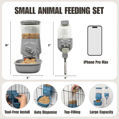 Automatic Pet Food Water Dispenser, Auto Gravity Pet Feeder Water Bottle Set for Crate Cage for Puppy Cat Rabbit Guinea Pigs Chinchilla Ferret Hedgehog (Grey)