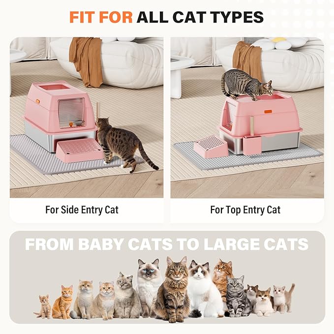 Removable Stainless Steel Cat Litter Box with lid, Front & Top Entry Kitty LitterBox，Cat Litter Box Enclosure, XL Extra Large High-Sided Metal Cat Box with Scoop, Mat, Footboard (Pink)