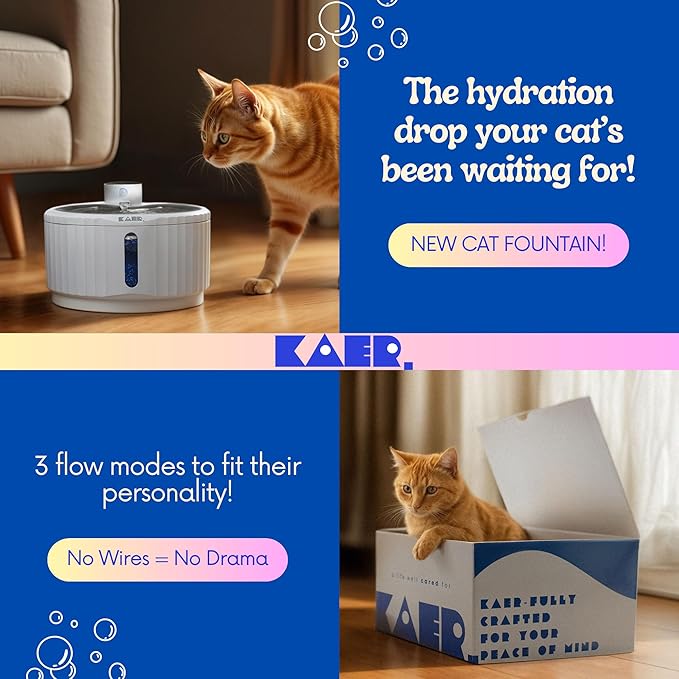 KAER Wireless Cat Water Fountain, 2.8L, Battery Operated, BPA-Free, Stainless Steel, Ultra-Quiet Pet Fountain with 3 Water Flows & Smart Motion Sensor, Aesthetic Bowl, 5-Layer Filtration, 4000mAh