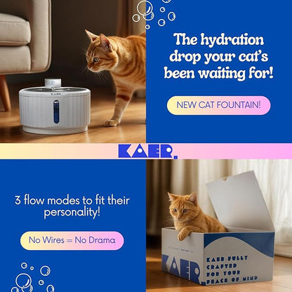 KAER Wireless Cat Water Fountain, 2.8L, Battery Operated, BPA-Free, Stainless Steel, Ultra-Quiet Pet Fountain with 3 Water Flows & Smart Motion Sensor, Aesthetic Bowl, 5-Layer Filtration, 4000mAh