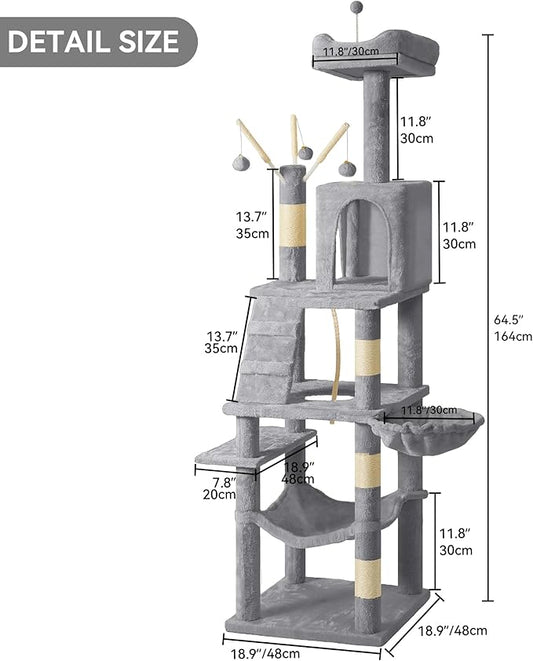 DWVO 64.5" Tall Cat Tree, Multi-Tier Cat Condo with Hammock, Scratching Posts & Play Balls for 2-3 Cats (Light Gray)