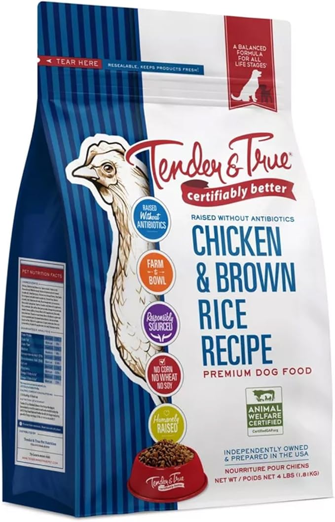 Tender & True dog food package with chicken and brown rice recipe on a white background
