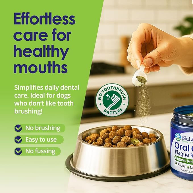 NuLife Natural Pet Health Dog Teeth Cleaning Powder, Dog Plaque and Tartar Remover, Bad Breath Treatment for Dogs with USDA Organic Sea Kelp Powder, Dog Dental Care Made Easy, for All Ages, 12 oz