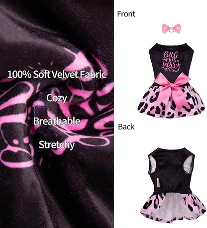 CuteBone Little Miss Sassy Pants Dog Leopard Print Dress Velvet for Small Dogs Girl Puppy Dresses Pink Dog Clothes CVA15L-D