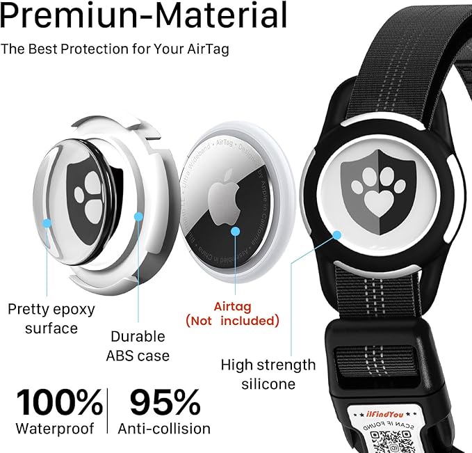 Reflective Dog Collar with AirTag Holder for Puppy Soft Nylon Black Sized XS