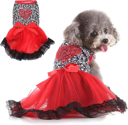 Dog Costume Dress S, Black Floral Top with Red Tulle Skirt and Bow, Glitter Heart Pet Outfit for 6-7 lbs Dogs and Cats, Holiday Party Clothing