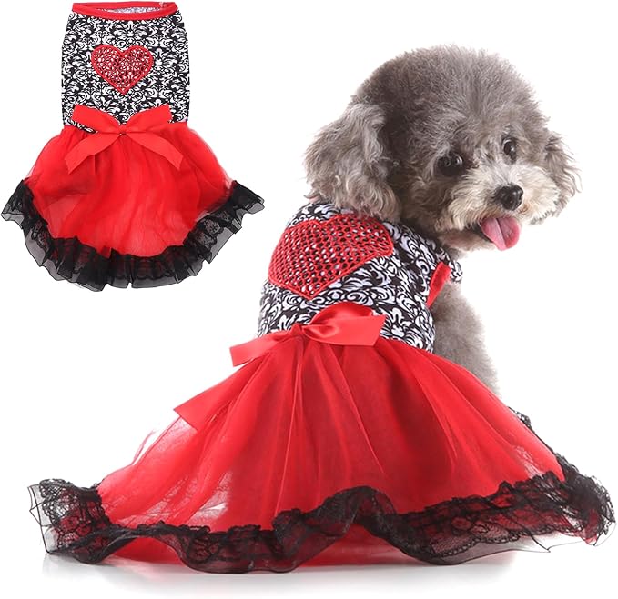 Dog Costume Dress M, Black Floral Top with Red Tulle Skirt and Bow, Glitter Heart Pet Outfit for 8-9 lbs Dogs and Cats, Holiday Party Clothing