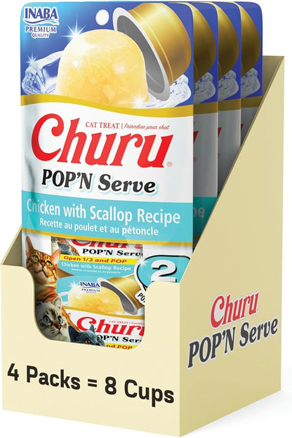 INABA Churu Pop'N Serve Jelly Cat Treat with Vitamin E & Taurine, 1.2 Ounce Cup, 8 Cups, Chicken with Scallop Recipe