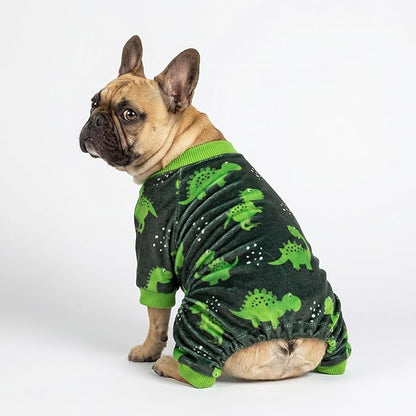Fitwarm Dinosaur Dog Fleece Pajamas, Warm Clothes for Small Dogs Boy, Cozy Pet Onesie with Feet, Dark Green, Bright Green, Small