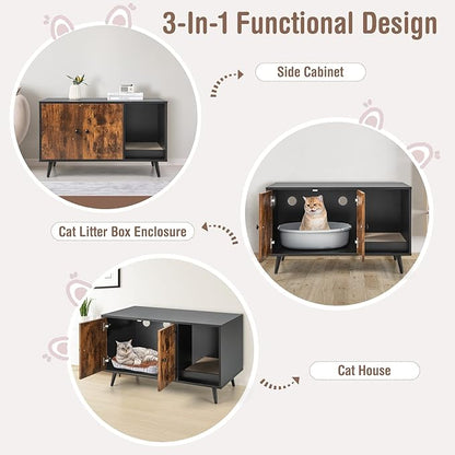 Tangkula Cat Litter Box Enclosure, Cat Washroom W/Divider, Scratching Pad, Metal Leg, Enclosed Cat Box Cabinet Pet House W/Double Doors, Litter Box Furniture Hidden for Large Cat (Rustic Brown)