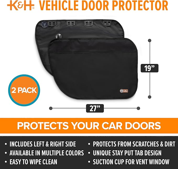 K&H Pet Products Car Door Protector for Dogs, Waterproof Interior Pet Car Door Protector from Dog Scratching, Stay Put Cover Design, Fits Most Vehicles, Washable - 27 x 19in Black 2 Count (Pack of 6)