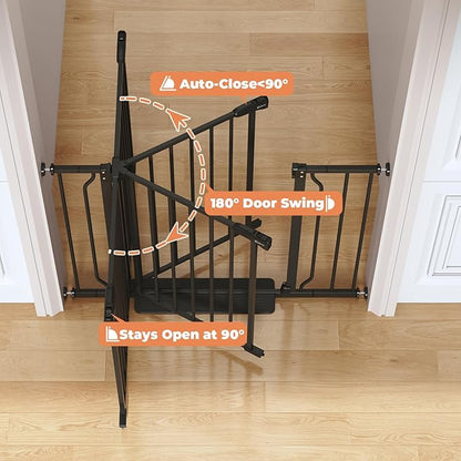 34" Extra Tall Baby Gate for Stairs, Auto Close Stroller Friendly Dog Gate Indoor for Doorways, Pressure Mounted 29"-45" Wide Baby Gate, Easy Walk Through Gate for Children & Pets, Black