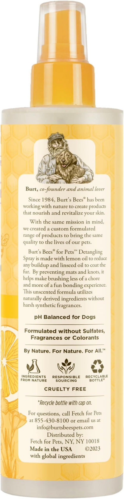 Burt's Bees for Pets Dog Detangling Spray, Natural Leave-in Coat Detangler & Dog Deodorizing Grooming Spray with Lemon, pH Balanced for Dogs, Paraben & Sulfate Free, 10 Fl Oz